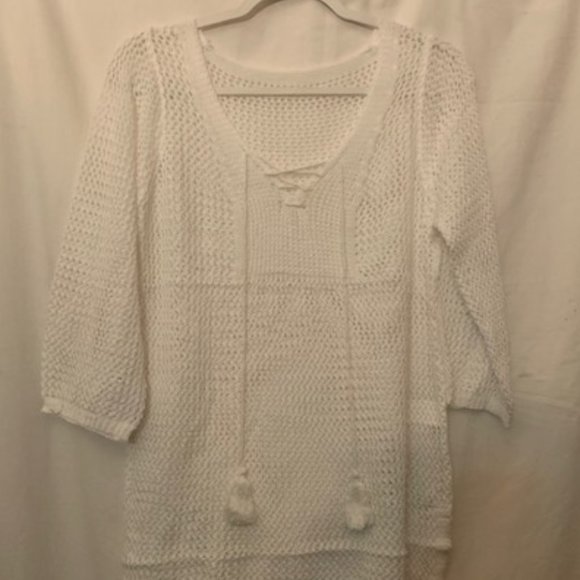 FlaxMaker Women's White Delicate 1/2 Sleeve Crochet Cover Up W/Tassels L NIP - Picture 1 of 5